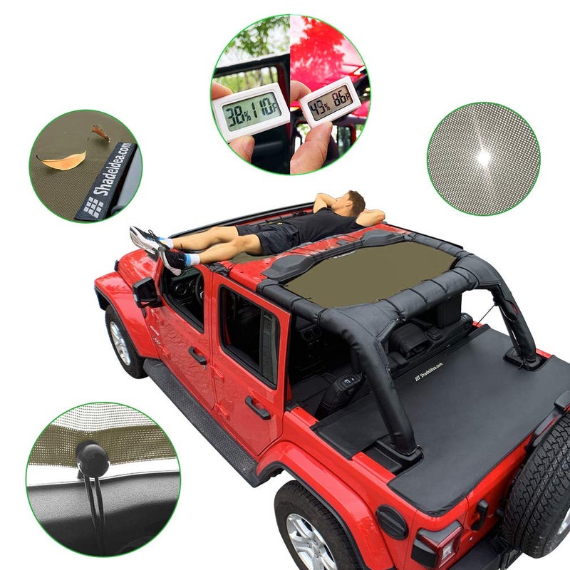 Shadeidea Sun Shade Top for Jeep Wrangler  JL (2018-2023) 4 Door Top Sunshade  Front & Rear - Tank Green JLU Mesh Screen Cover  UV Blocker with Grab Bag Pouch - 10 Year Warranty - Image 5